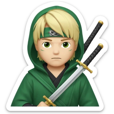 Green ninja Lloyd garmadon blonde hair, kaptur hoody on his head but blonde grzywka visible; the bottom left one is best (the one without miecze + black band + no mask of face) but add miecz; I want no band on head  sticker