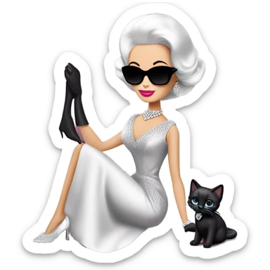 White Diamonds Elizabeth Taylor Barbie. Morticia Addams.Satin dress, opera gloves,pumps, bracelet, earrings, sunglasses Cuddling up with Slippers the kitten. sticker