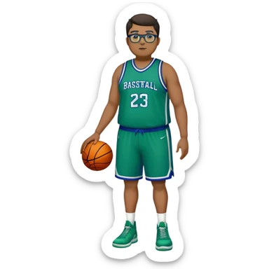 Full Body plus size tall white male with dark short hair basketball player wearing glasses wearing blue  with green uniform sticker