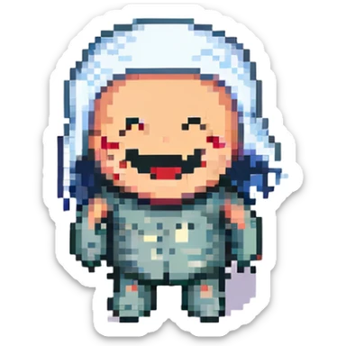 a cartoon figure with visible cracks or bandages, laughing, pixel art style sticker