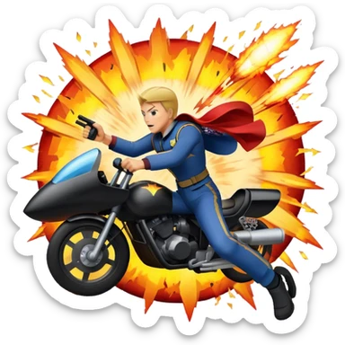 Icon for Action Movies: A photorealistic, vibrant collage in the style of a movie poster, featuring intense action scenes—explosions, high-speed chases, and dramatic close-ups of characters in combat. The design should capture the adrenaline-pumping energy of action films. Transparent background. sticker