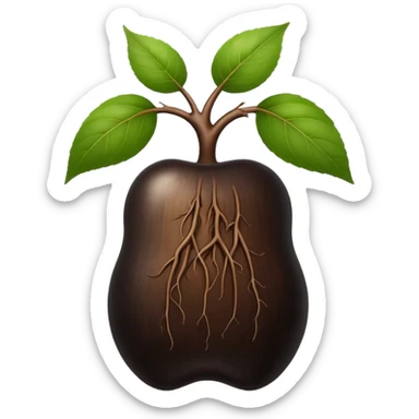 A black ginseng root (heuksam), in Apple iPhone emoji style. Dark brown-black glossy color, subtle texture on the root, elegant curves, vibrant but natural tones, smooth gradients, clean simple shapes, no outlines, slight 3D depth.
 sticker