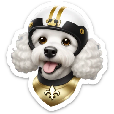 White poodle wearing a black football helmet with gold stripe and gold fleur de lis emblem sticker