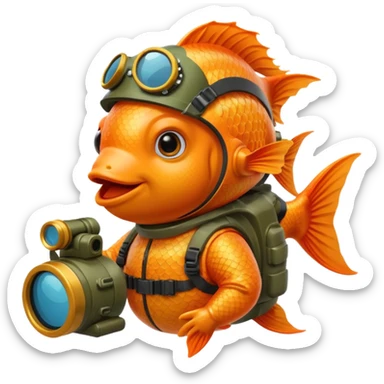 goldfish with camouflage helmet and gear, iOS emoji style sticker