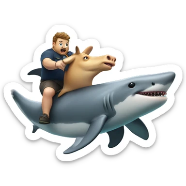 a massively fat cow riding a dolphin running from a shark sticker