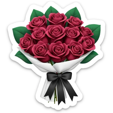 Maroon rose bouquet wrapped in white paper and black bow sticker