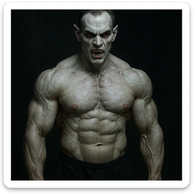realistic image of a muscular bodybuilder with vampire appearance, inspired by trenbolone use, pale skin, intense eyes, dark atmosphere, realistic details sticker