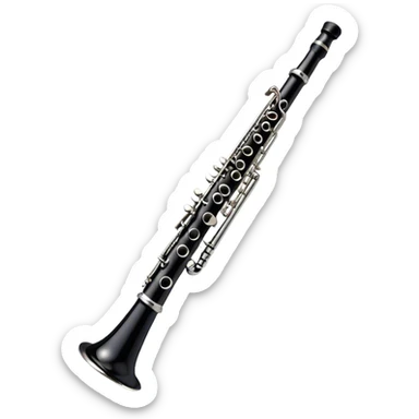 Create an emoji, representing a black standard clarinet. The design should feature a smooth, glossy black body of the clarinet with shiny, silver keys clearly visible. Highlight the intricate details of the mouthpiece and reed at the top, while the body of the instrument should remain simple and elegant. Add subtle musical notes or soundwaves floating around the instrument to symbolize its clear, melodic sound. Use black for the body, silver for the keys, and soft lighting effects to give the instrument a polished, sophisticated look. The background should be transparent. sticker