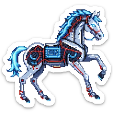fast electric horse made of electricity, metal plates, bolts, visible blue and red wires, lightning coursing through its body, cybernetic sticker