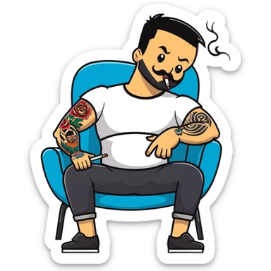 Heavy-set man leaning back in chair with legs spread showing tattooed left calf, smoking cigarette, exposed belly, round face, short black hair, well-groomed short beard with small mustache, black t-shirt with light stripes on top portion, sleeves rolled up, black shorts, arms and left calf decorated with matching black graphic tattoo patterns sticker