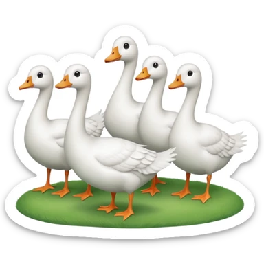 9 white geese standing on a green hill, front view, foggy sticker