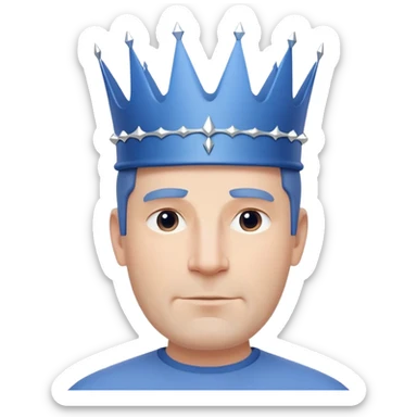 A friendly, clean-shaven middle-aged man wearing a large, plain blue crown bigger than his face. The crown has a wide base and small spikes, with no details or gems. Minimalist, modern style inspired by Apple aesthetics — clean lines, soft lighting, neutral background sticker