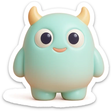 cute monster with round body, big eyes, small horns, pastel colors, toy-like sticker