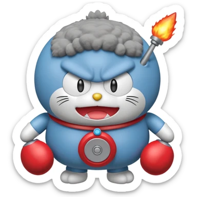 Red angry doraemon plush holding a nuke button sticker