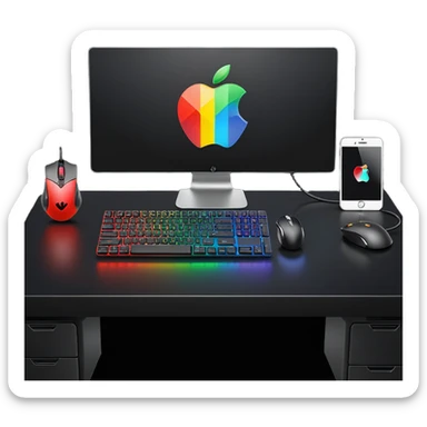 rgb gaming computer on black desk with a black keyboard and mouse sticker