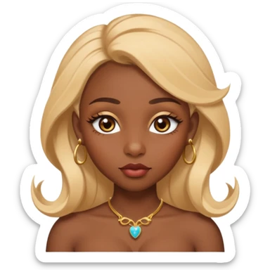 darkskin female with eyebrows that are naturally shaped and frame eyes well, eyes that are almond-shaped with defined lashes. nd lips are full with a defined cupid’s bow, add also a septum piercing that adds an edgy, stylish flair. a middle-part, honey blonde bust-down with laid baby hairs sticker