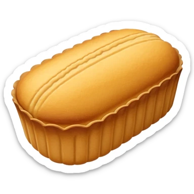 A madeleine pastry. Oval shaped with four to five vertical lines going in the same direction. Scalloped seashell shape. Light golden brown. Scalloped edge. Cookie. Flat. sticker
