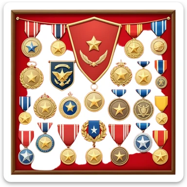 Icon for Collecting Orders, Medals & Badges: a variety of vintage orders, medals and badges, displayed neatly on a big red pennant or in a display case. The icon should reflect the honor and historical significance of these collectible items. Transparent background. sticker