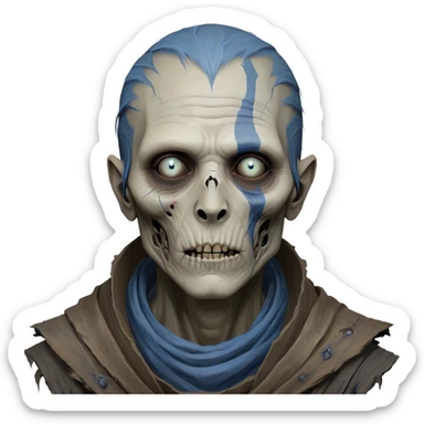 Cinematic Realistic WoW undead civilian Portrait, depicted with decayed yet noble features, his weathered, pallid skin etched with ghostly blue veins and ancient scars. Clad in modest, tattered attire in muted browns and greys that remain consistently rugged, his hollow eyes burn with determined defiance. Rendered with lifelike texture and dramatic natural lighting, high shine, noble and resilient, capturing the stoic spirit of an undead veteran of Azeroth. sticker