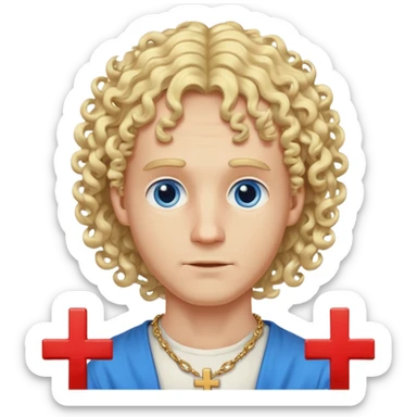 simple face of a white man, very slim face, mildly hollow cheeks, blue eyes, curlier semi-long blond hair, large visible chain with a cross sticker