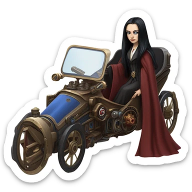 Jedi teen Morticia Addams flying a red and blue Zephyr-J  powered by an imperial speeder steampunked  sticker