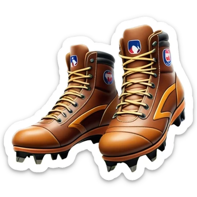 Cinematic Realistic image of a pair of AFL boots, showcasing detailed leather stitching and a rugged sole with fine cleat impressions, captured against a blurred stadium background with high-energy, dynamic lighting sticker