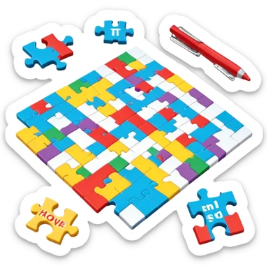 A photorealistic icon with a colorful, fragmented puzzle piece, a crossword magazine, a 3D puzzle, and a partially completed puzzle on a table. Bright, detailed design with realistic lighting. Transparent background, clearly symbolizing puzzles and brain games. sticker