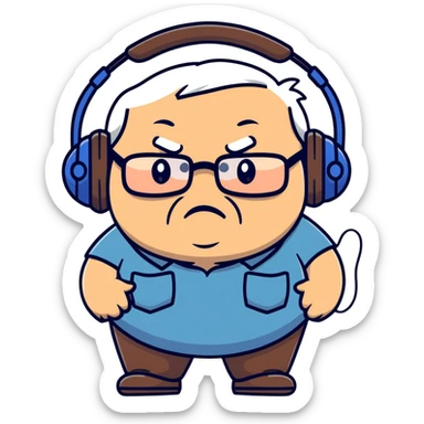Very chubby brown old man with medium white hair, wearing glasses and headphones, looking surprised and angry, no facial hair, round full cheeks, double chin, looking to the upper left corner sticker