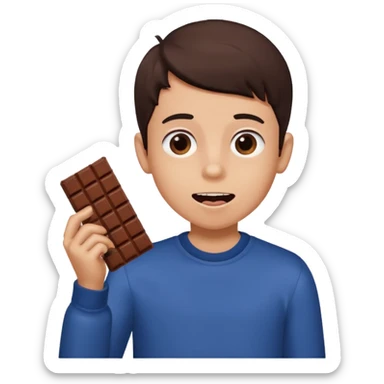 A boy holding a chocolate bar with him chewing on the bite he took sticker