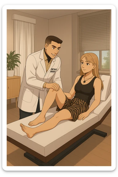 fai un webtoon/manga a colori con questo kinesiologo in camice bianco (fagli la scritta "ANTONIO ANANIA" SUL CAMICE) CHE SVOLGE UN TEST NEUROMUSCOLARE SOLLEVANDO UNA GAMBA ALLA RAGAZZA CHE è STESA SU UN LETTINO BIANCO. STANZA SEMPLICE E MODERNA, DURANTE IL TEST I DUE DIALOGANO TRA LORO. NON FARE I FUMETTI, FAI SOLO LORO COME SE DIALOGASSERO sticker