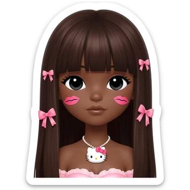 hello kitty necklace, doll eyes, Doll, big chest, dark brown skin, with middle part long dark brunette hair without bangs,  black cute eyes, pink bows with cute lips sticker