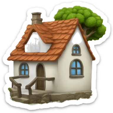 a fantasy house with a tree and bush  sticker