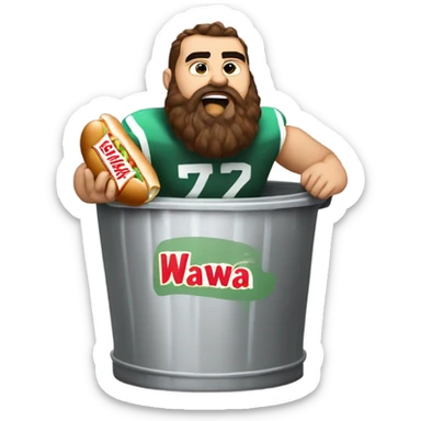 Jason kelce eatingna wawa hoagie on top of a trash can sticker