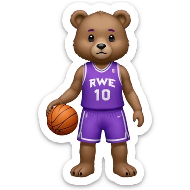 Bear with full body and wearing basketball white and purple jersey that says RWE  sticker