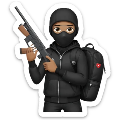 YN wearing a ski mask, holding a gun, all black fit, black jeans, Sprayground bookbag, confident stance sticker