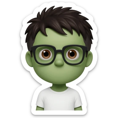 zombie boy with white tshirt and black brownish hair and with black glasses frames on hair is texturized young boy and round face more green face and dark brown eyes sticker