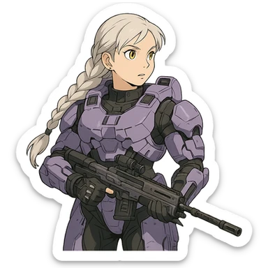 female, wearing reach spartan armor default, long white braid hair, gold yellow eyes, attention pose, halo series, no helmet, the armor is lavender color scheme, shoulder pad off. DDD bust size fitting. Punk gothic cyberpunk, brandishing a dmr sticker