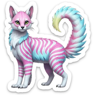 Colorful dark tropical feathery tribal pale light fruity pastel white glorious iridescent divine exotic cute albino neon vibrant spooky evil zigzagged cool beautiful beautiful fantasy-caracal-civet-genet-sergal-vernid-Gryphon-Cacomistle-Trico-oncilla-animal-Fakémon-hybrid-fursona (full body) sticker