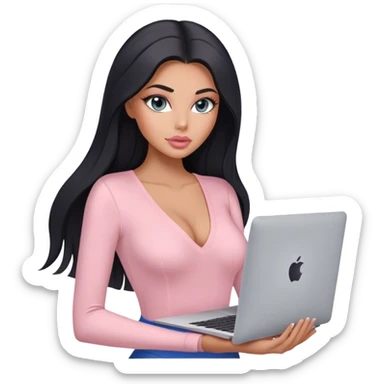 Glamours, tanned, very beautiful girl, with big pump peach-beige-rose lips, long lashes, black straight smooth silky long hair, straight parting hair, blue-grey eyes, in light-pink v-neck bodysuit holding MacBook sticker