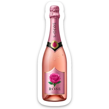 bottle of sparkling rosé with a rose logo on the label, angled to the left, no glass sticker