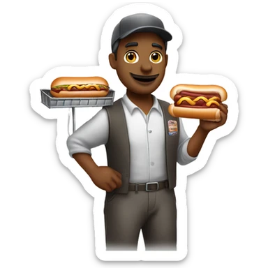 hot dog vendor holding a hot dog in his hand with a cart sticker