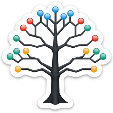 Minimalistic flat vector icon, iOS style, thin black contour on white background. Binary tree diagram with connected nodes. Clean, no text, no shadows sticker