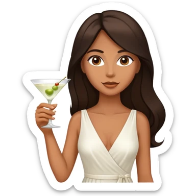 Beautiful woman in 1950’s woman fashion look, white dress, long dark brown hair, martini  sticker