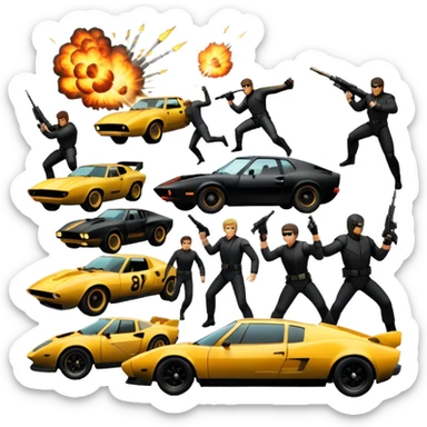 Photorealistic Icon for Action Movies: Dynamic collage of iconic action movie scenes featuring explosions, fast cars, combat, and weapons. Include silhouettes of famous action heroes, dramatic lighting, and a sense of high-octane energy. Transparent background. sticker