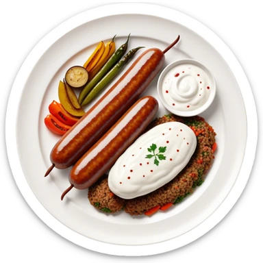 Cinematic Realistic image of a long, sausage-shaped Turkish Köfte, rendered with richly spiced meat textures and subtle grill marks, artfully arranged on a traditional Turkish ceramic plate alongside classic sides such as a serving of aromatic pilaf, crisp grilled vegetables, and a dollop of creamy yogurt, all bathed in warm, appetizing lighting that emphasizes its savory allure. sticker