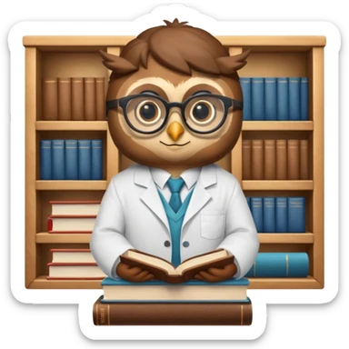 Wise owl with glasses, wearing a lab coat, perched on a stack of books. sticker