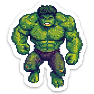 Add a pixel art city background behind Hulk jumping, keep the style consistent with pixel art style. sticker