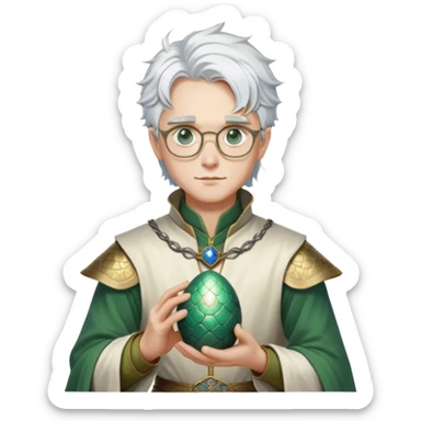 a medieval era noble wearing green, white, and gold clothes. he has glasses and blue eyes. he has shoulder length white messy white hair. he is holding a silver dragon egg.  sticker