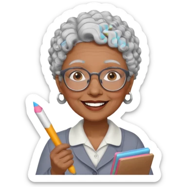 old woman teacher, brown skin, curly grey white hai, wearing glasses, hold chalk on hand sticker