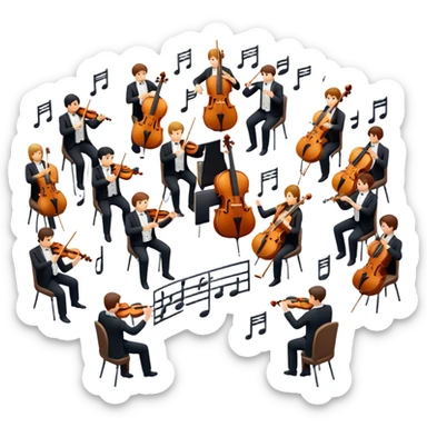 Icon for Classical Music: symphonic orchestra with musicians playing violins, cellos, flutes, and a conductor leading the ensemble. A grand, elegant vibe with musical notes floating around. Transparent background. sticker